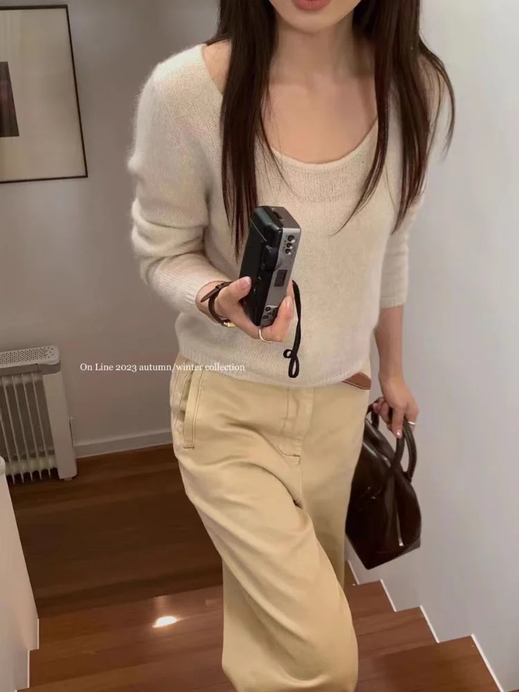 Large U-Neck 100% Pure Wool Sweater Womens Short Long Sleeve Pullover Loose Base Chic Top Spring Autumn High Quality 241217