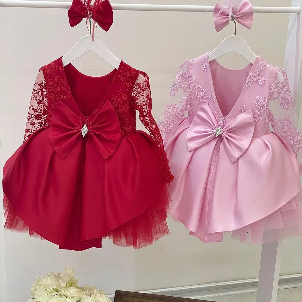 Red Birthday Princess Dress Winter Fall Baby Girl Toddler Backless Lace Wedding Flower Girl Clothes 241219