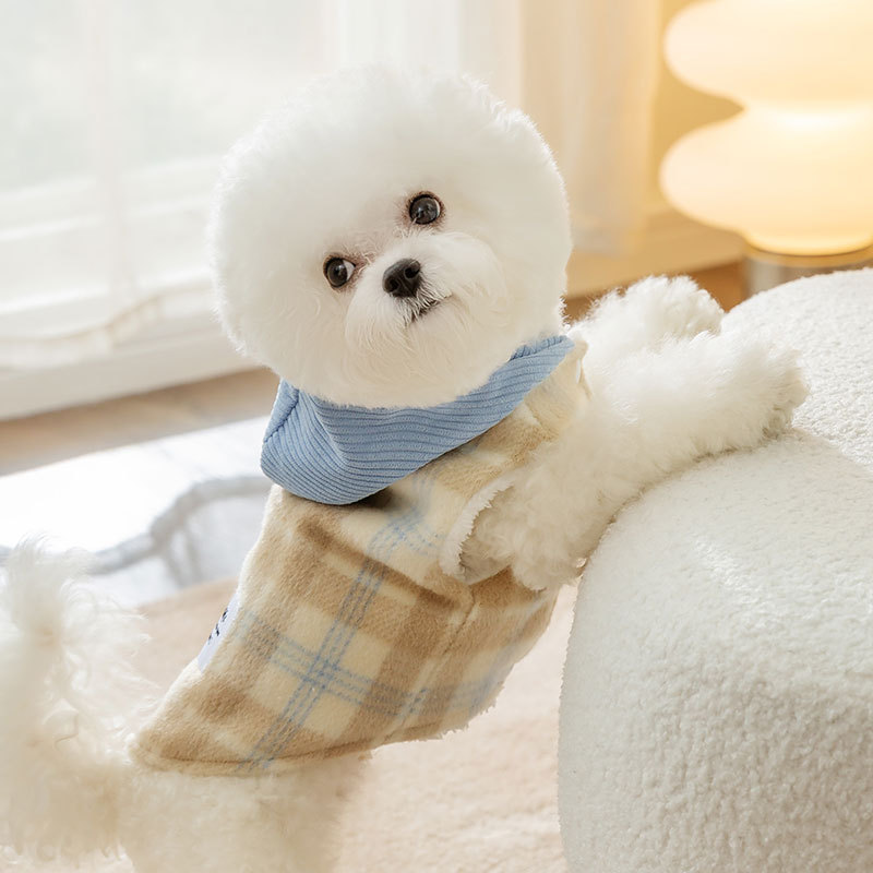 Cross border plush thick little dog clothing checkerboard patterned hooded winter Dog Apparel Pet Clothes