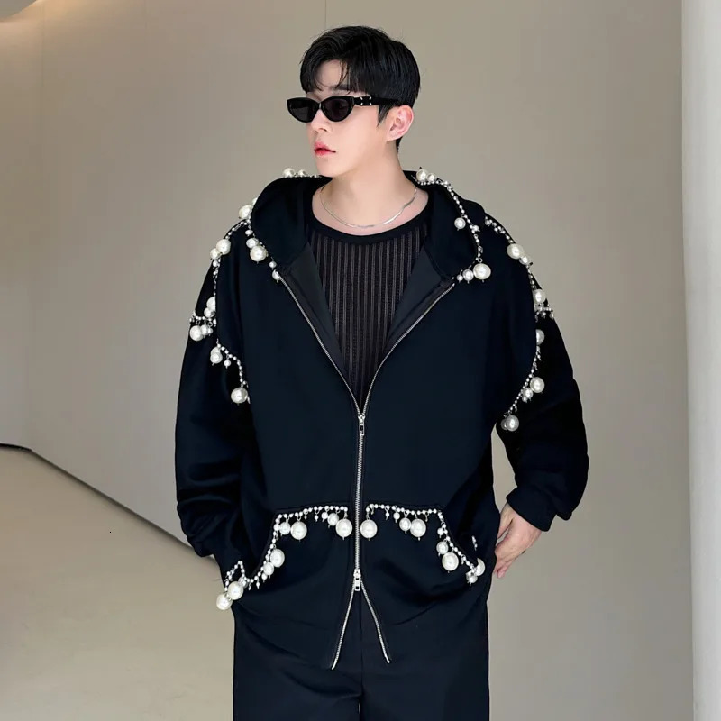 IEFB Trendy Mens Personalized Hoodies Zipper Handmade Pearl Decoration Cardigan Sweatshirt Men Autumn Hooded Jacket 9C7547 241218