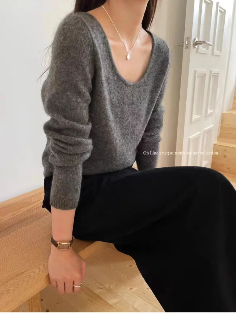 Large U-Neck 100% Pure Wool Sweater Womens Short Long Sleeve Pullover Loose Base Chic Top Spring Autumn High Quality 241217