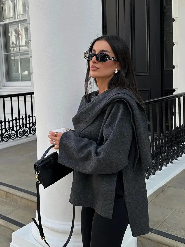 Women Elegant Solid Short Woolen Jacket With Scarf Fashion O Neck Long Sleeve Slit Loose Coat 2024 Autumn Female High Streetwear 241219