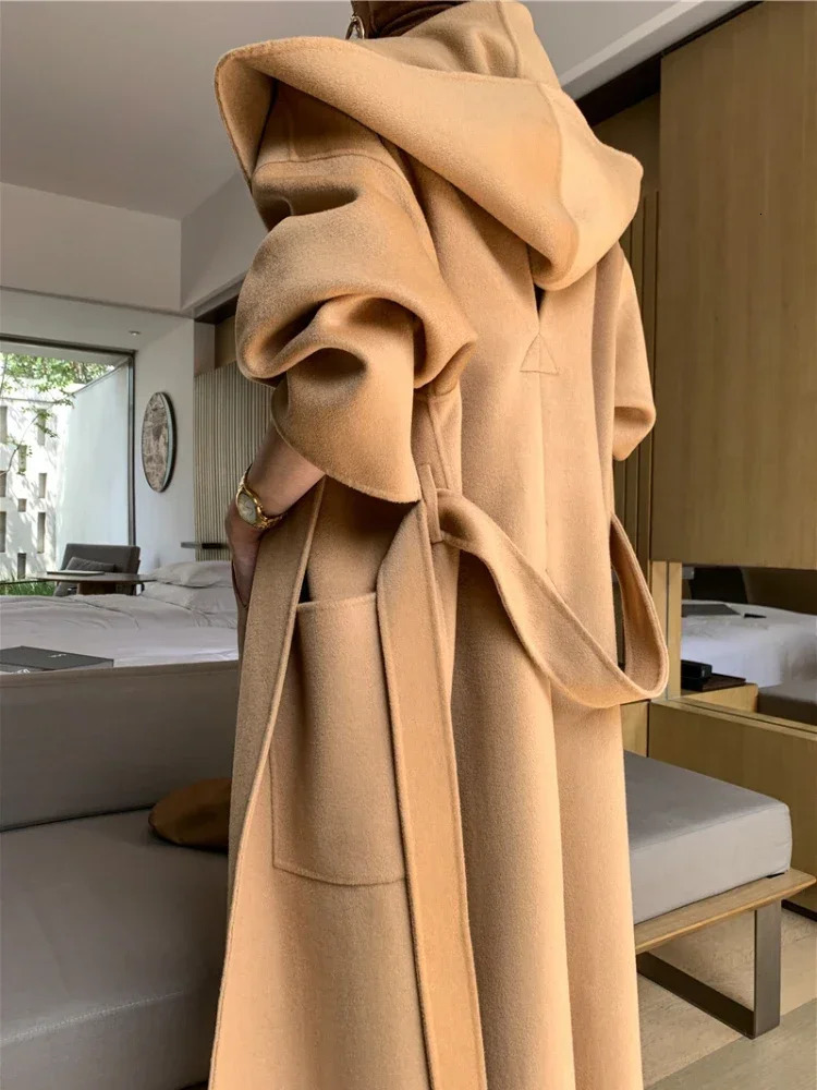 Vintage Elegant DoubleSided Cashmere Coat Women Autumn Winter High Quality Hooded Thickened Large Size Loose Wool 241217
