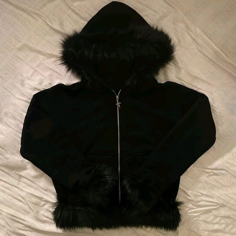 Solid fur patch work mens hoodie autumn/winter Y2K zipper warm short sleeved top unisex 241218