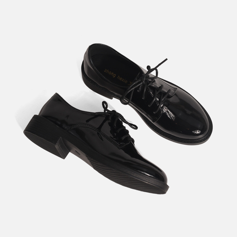 Leather Black Student Oxfords D7387 Cross-Tied New Round Toe Flats Woman Chunky Heels Quality Derbies Ol Dress Rubber Creeper Platform Shoes