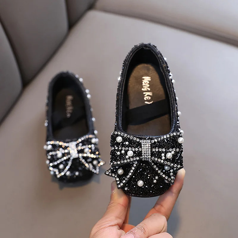 Girls Leather Shoes Fashion Sequins Bling Bow Baby Girl Shoes Soft Bottom Kids Princess Party Dance Performance Shoes H791 241219