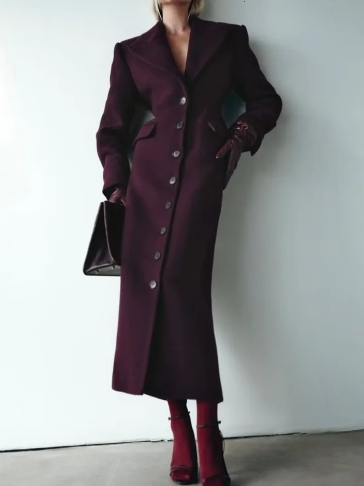2024 Burgundy Fashion Slimming Womens Wool Coat Elegant Collar Button Flip Pocket Jacket Street 241213Z