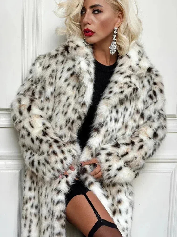 Retro Leopard Faux Fur Long Coat Winter Warm Thicken Open Maxi Female Casual Loose Elegant Chic Street Outwear 241219