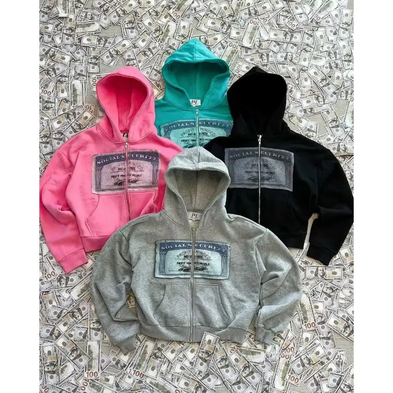 American retro hooded sweater for men and women couple models skull lazy wind print hooded long-sleeved zipper hooded sweater 241218