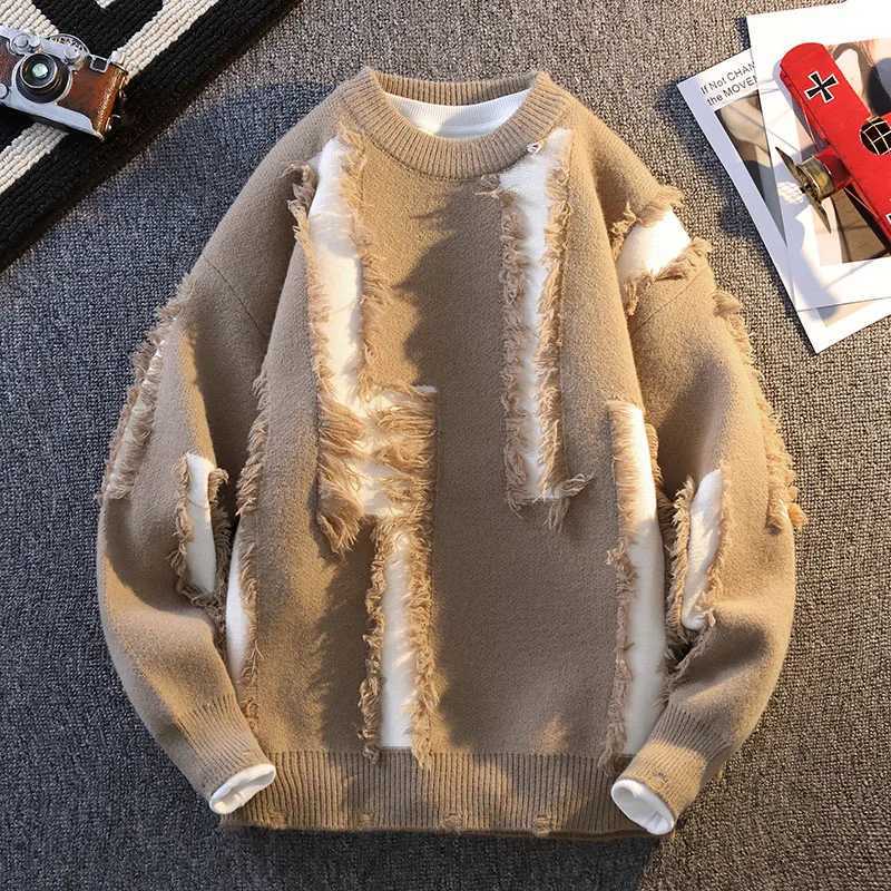 Mens autumn winter round neck threaded sweater knitted floral lantern long sleeved Distressed solid color top W241219