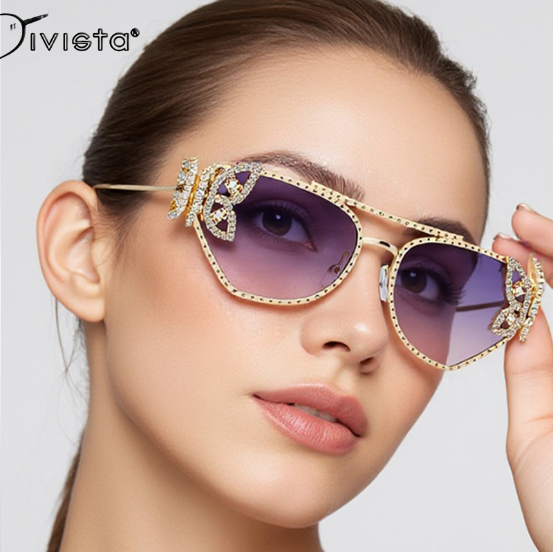 Sexy Sunglasses Cat Eye Butterfly Diamond Rhinestones Women Y2K Luxury Fashion Retro UV400 Vintage Brand Glasses Designer Metal Small Party for Weddin