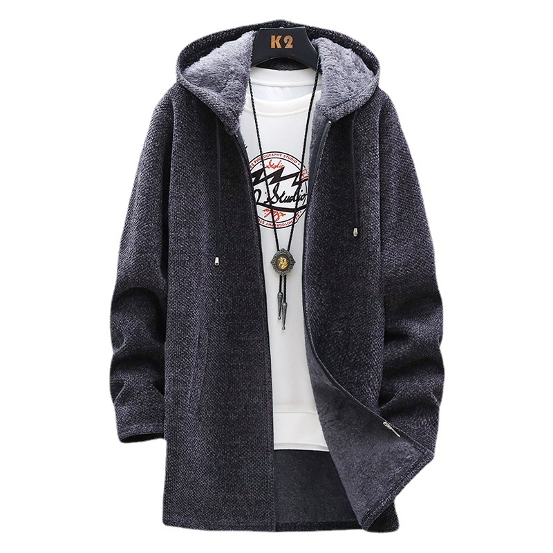 Casual Men's Wool Blend Knitted Outerwear - Plush Liner, Hoodie Design, Ready Stock