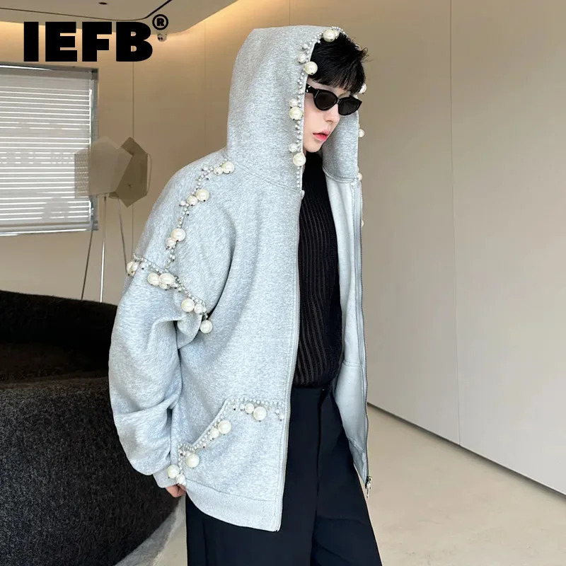 IEFB Trendy Mens Personalized Hoodies Zipper Handmade Pearl Decoration Cardigan Sweatshirt Men Autumn Hooded Jacket 9C7547 241218
