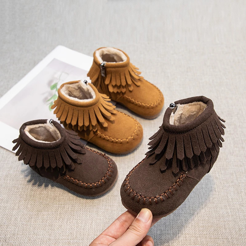 Girls Princess Boots Fashion Kids Ankle Boots Flock Fabric Warm Thick Fur with Side Zipper Tassels Autumn Winter 241219