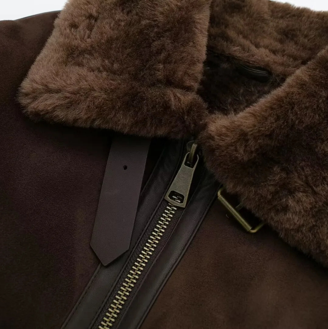 Streetwear Brown Suede Trench Coat Women Warm Fleece Bomber Jacket Winter Women Coat Outerwears Elegant Womans Clothing 241218