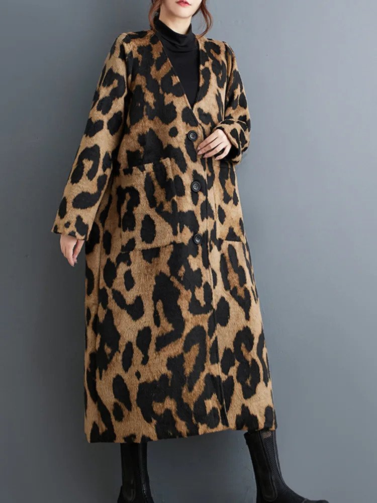 #6926 Spring Autumn Long Leopard Trench Coat Women V-neck Loose Pockets Vintage A-line Trenchcoat Single Breasted Streetwear 241219