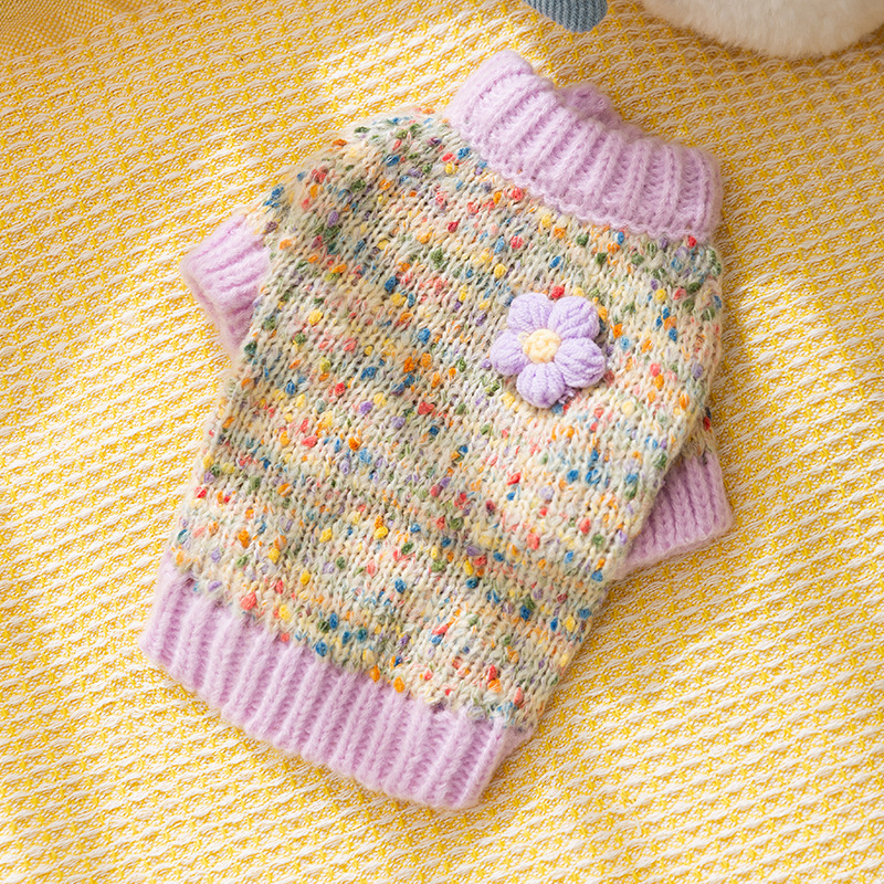 Autumn and winter pet clothes, dotted with colorful yarn, small flower sweaters, comfortable and warm dog clothes HS42