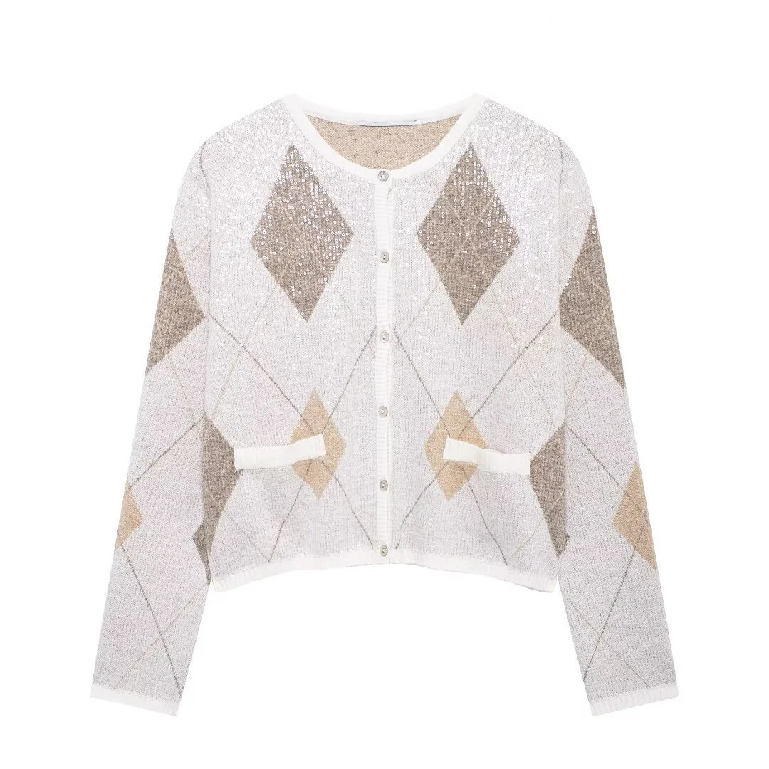 UNIZERA womens knitted jacket cardigan round neck long sleeved pearl embellished diamond pattern autumn sweater 241219