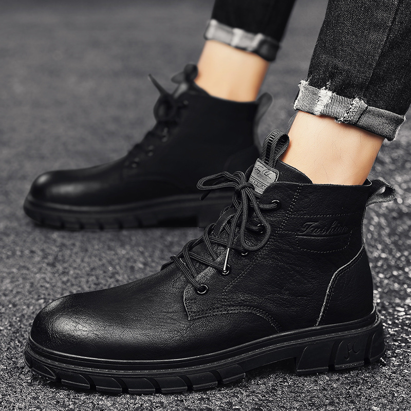 Men Boots Fashion Winter Velvet High-top Lace-up Casual Style Outdoor Warm Thick Sole Leather Shoes Triple Black Brown Free shipping