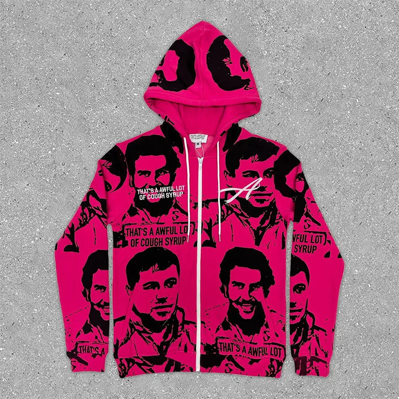 Goth Graphic Portrait Print Y2K Zip Up Hoodies Men Hip Hop Fashion Hoody Autumn Streetwear Oversized Sweatshirts ropa hombre 241218
