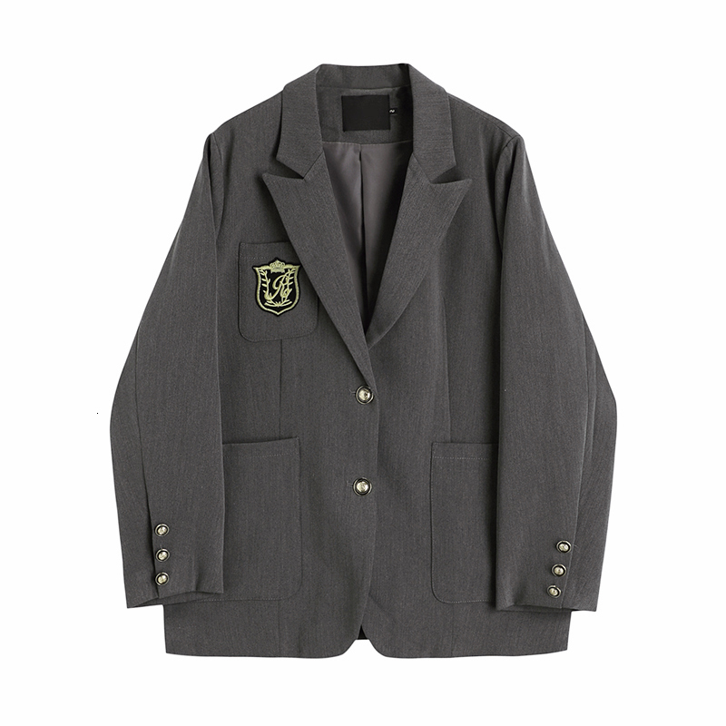 College Style Emblem Suit Coat Women's Spring Autumn Button Black Jacket 2023 New Casual Loose Slim Blazer Unisex Coats