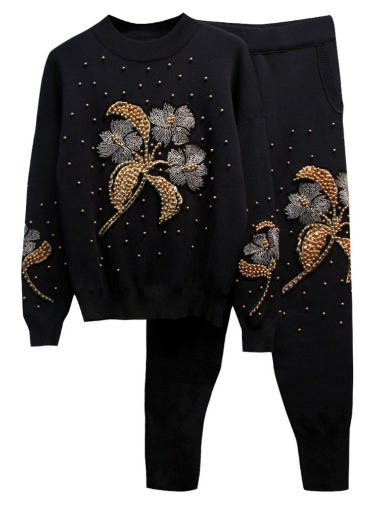 DEAT Women Two Piece Set Beading Knitted Wer Sweatershirt Elastic Waist Long Pants New Fashion Tide 2024 Spring Suit 11B795