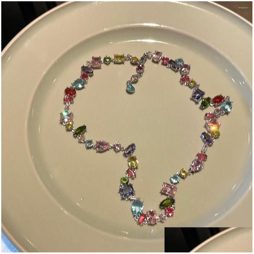 Pendant Necklaces Chains Sweetheart Candy Colored Crystal Cz Necklace Light High Grade Love Rainbow Collar Chain Bracelet For Ote2Y
