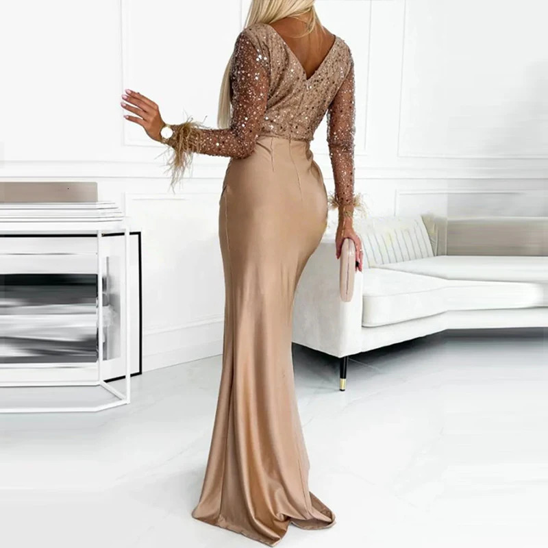 Fashionable Shiny Glitter Party Years Eve Dress Elegant Feather Long Sleeve Split Dress Womens Sexy V-neck Lanhua Ultra Thin Dress 241213