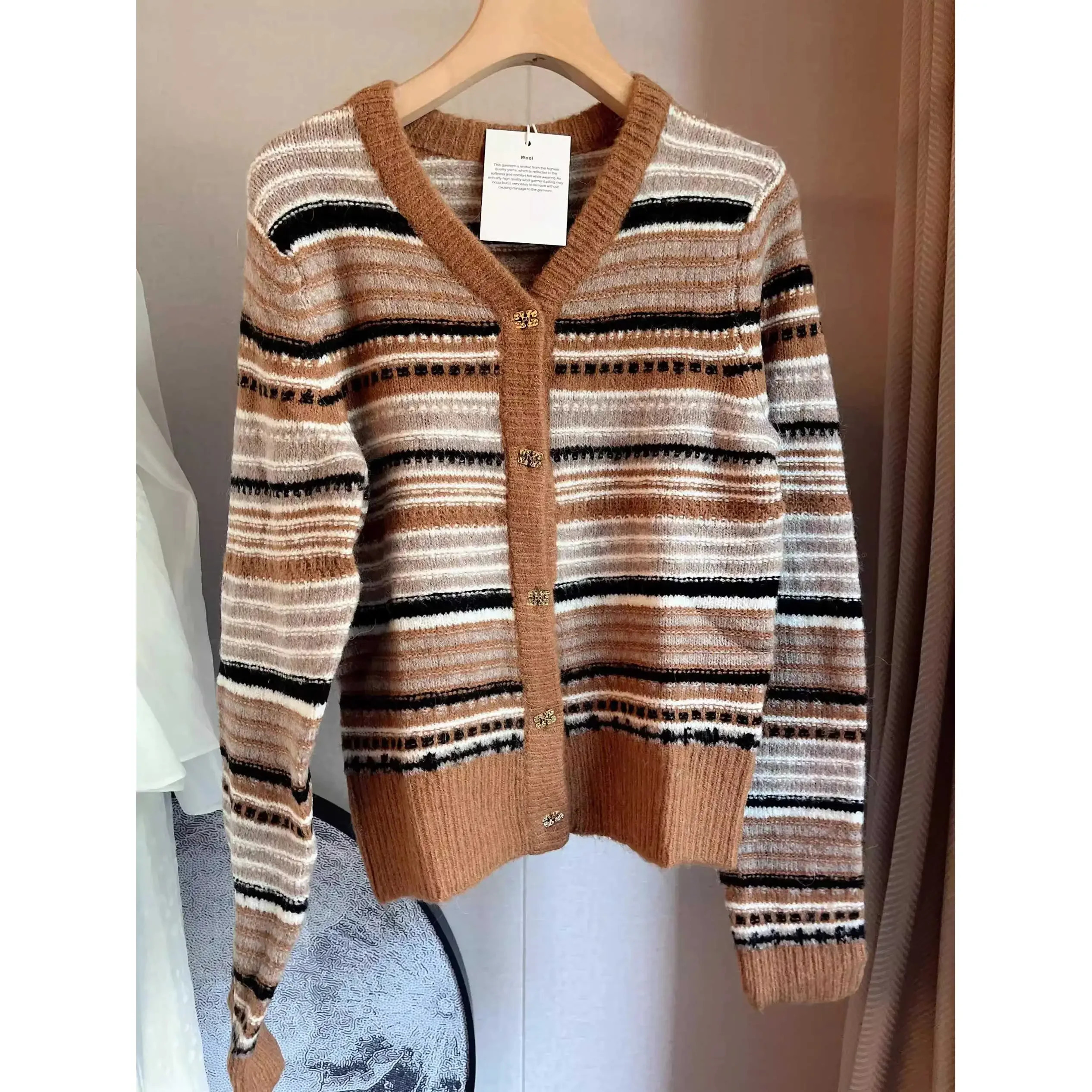 Stripes Cardigan Women 100% Wool V-Neck Single-Breasted Soft Warm Long-Sleeved Cardigan Female