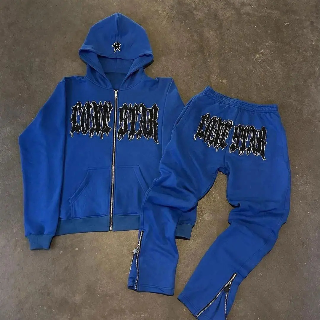 Aesthetic Streetwear Man Set Sweatshirts Y2K Classic Fashion Women Hooded Rhinestones Graphics Rock Vintage Hip Hop Zip Hoodies 241218