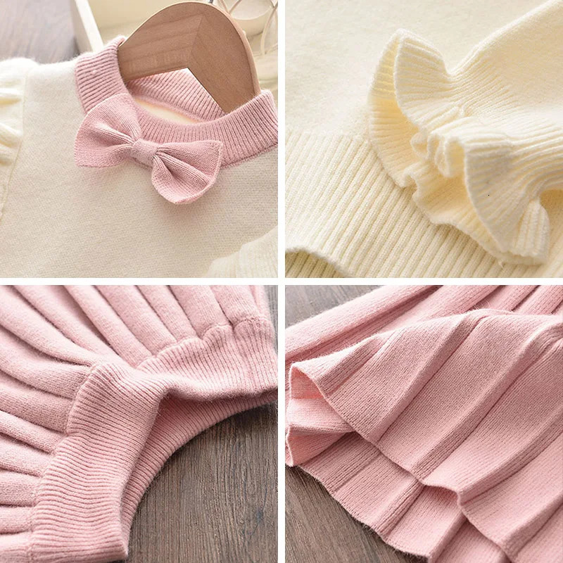 Casual Girls Dress Knitting Kids Suit Winter Long Sleeves Princess Top and Skirt 2pcs Outfits Sweater Kids Clothes 241219