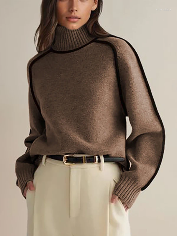 Women's Sweaters Modigirl Winter Casual For 2025 Spring Khaki Beige High Neck Long Sleeves Woman Loose Basic Pullovers