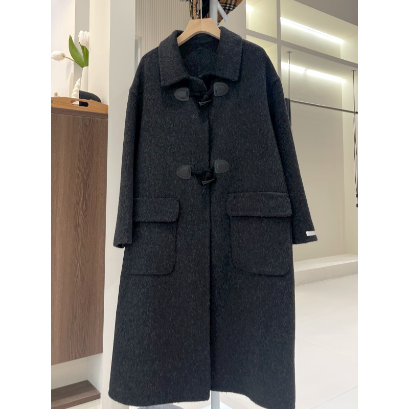 D4002 Lapel horn button college style double-faced wool coat mid-length loose thick long wool coat