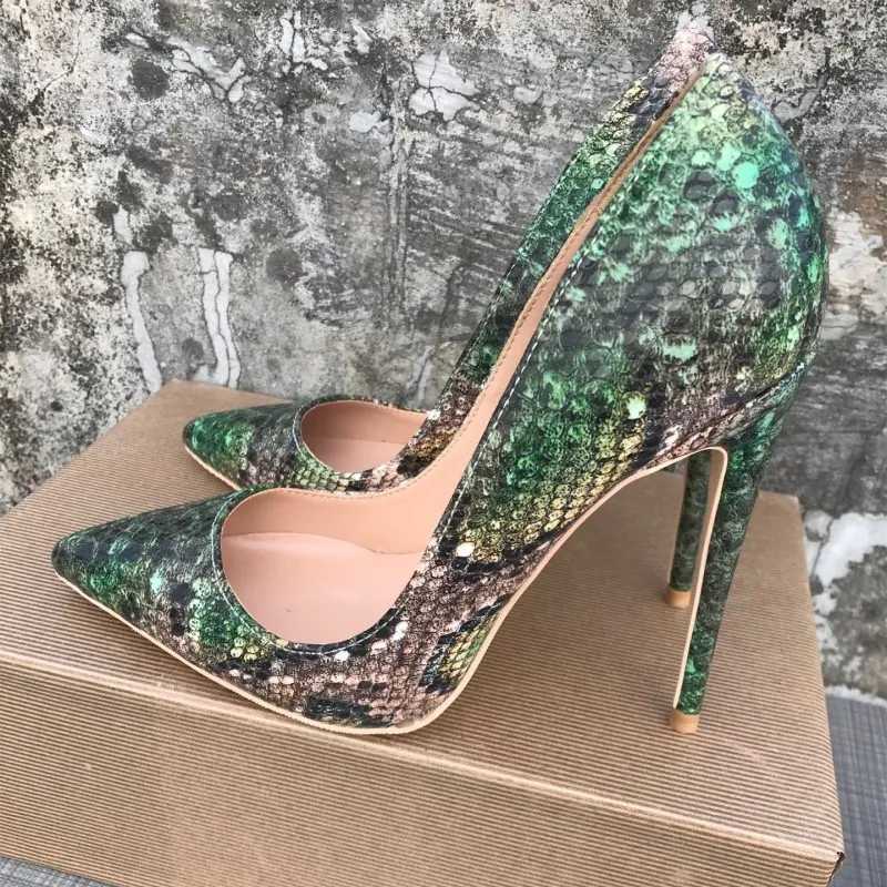 Sexy ultra-fine heelgirls sexy high heels printed multi colors stilettos 12cm wedding shoes Green snake pattern woman shoesC241218