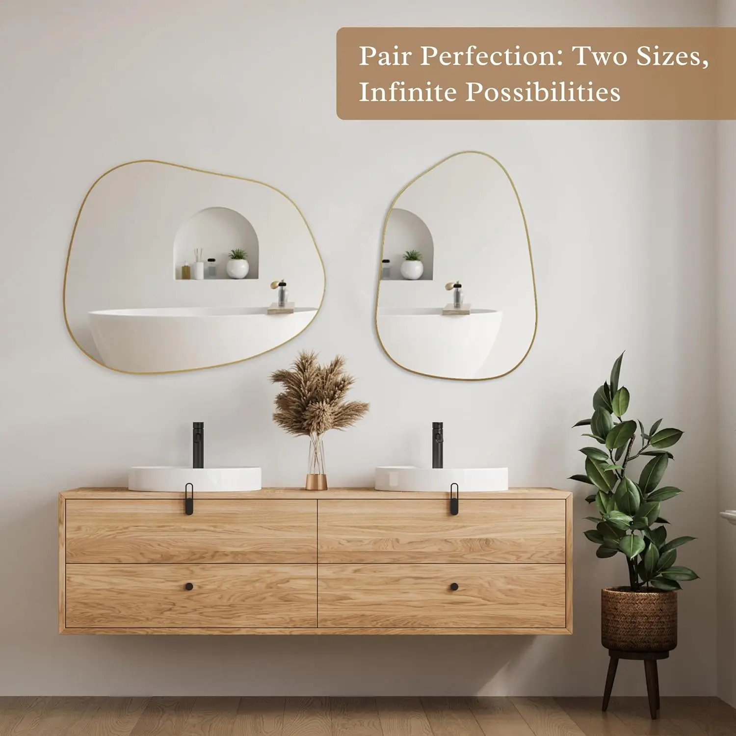 PERFNIQUE irregular wall mirror asymmetric mirror 28 inch x 20 inch gold wood frame mirror used for bathroom bedroom living room entrance 241211