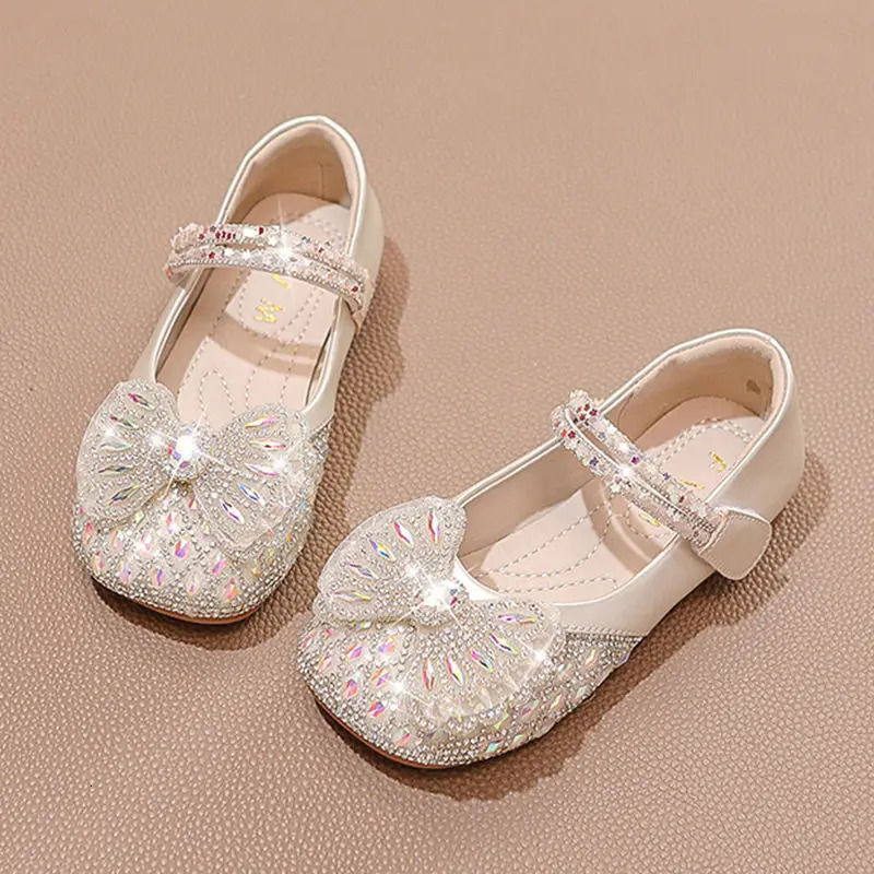 Princess Shoes Spring and Autumn Childrens Small Leather Shoes Baby Crystal Shining Rhinestone Flat Shoes 241219