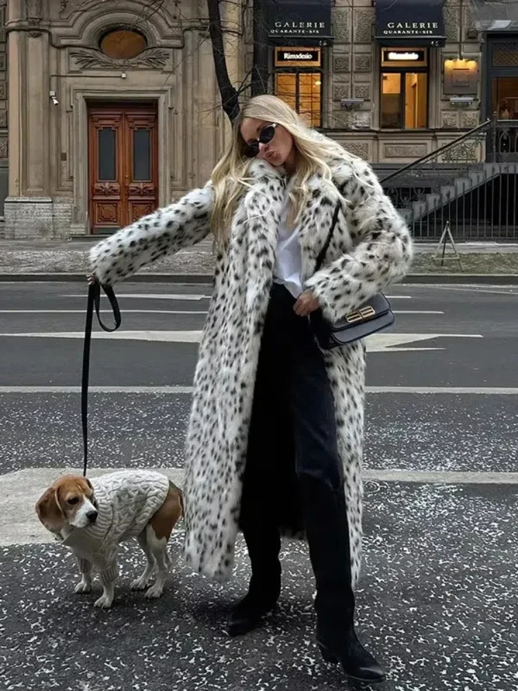 Retro Leopard Faux Fur Long Coat Winter Warm Thicken Open Maxi Female Casual Loose Elegant Chic Street Outwear 241219
