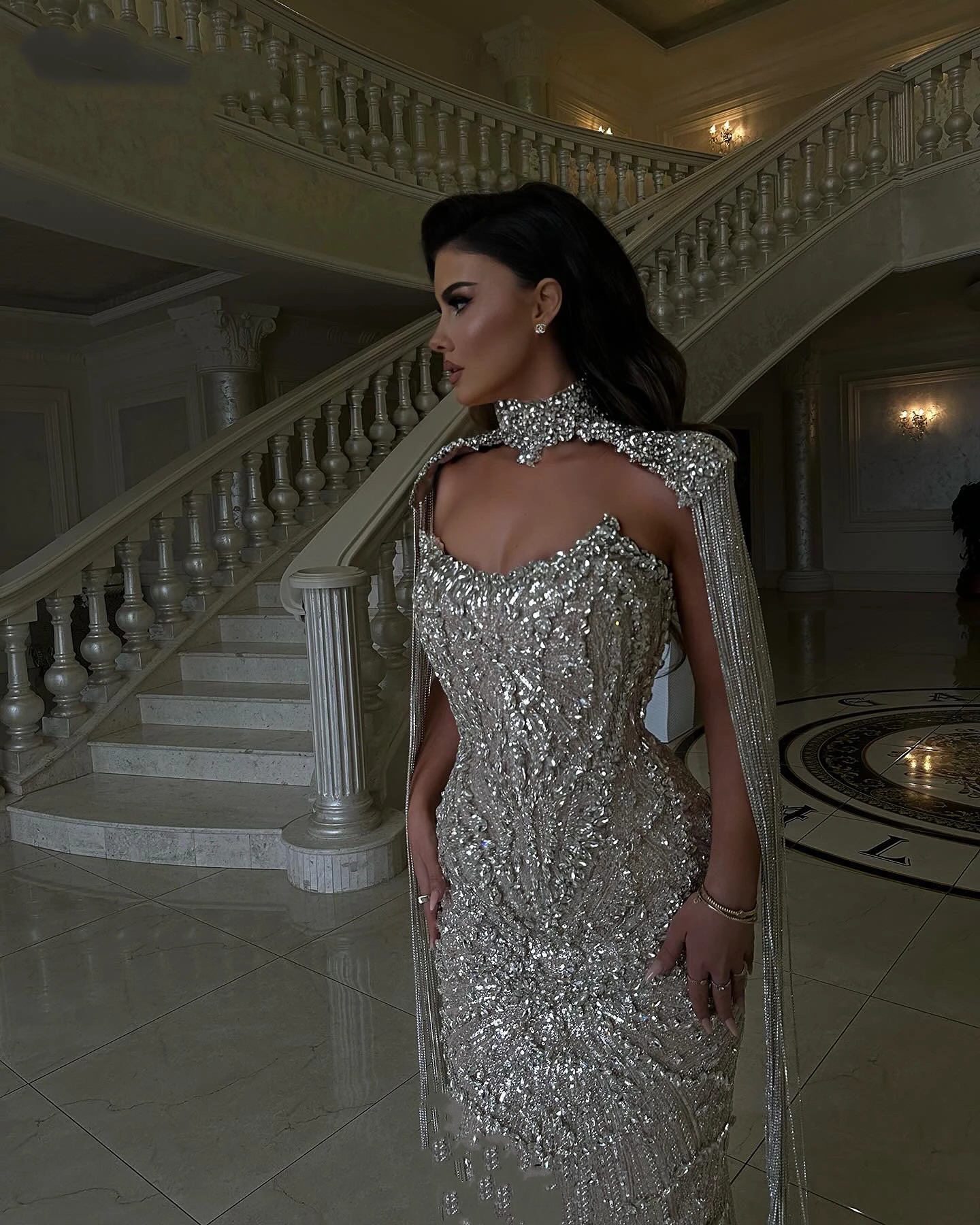 Evening Dresses For Women Strapless Sleeveless Jacket Gown Crystal Sequins Tassel Sweep Train Customized Dress Party