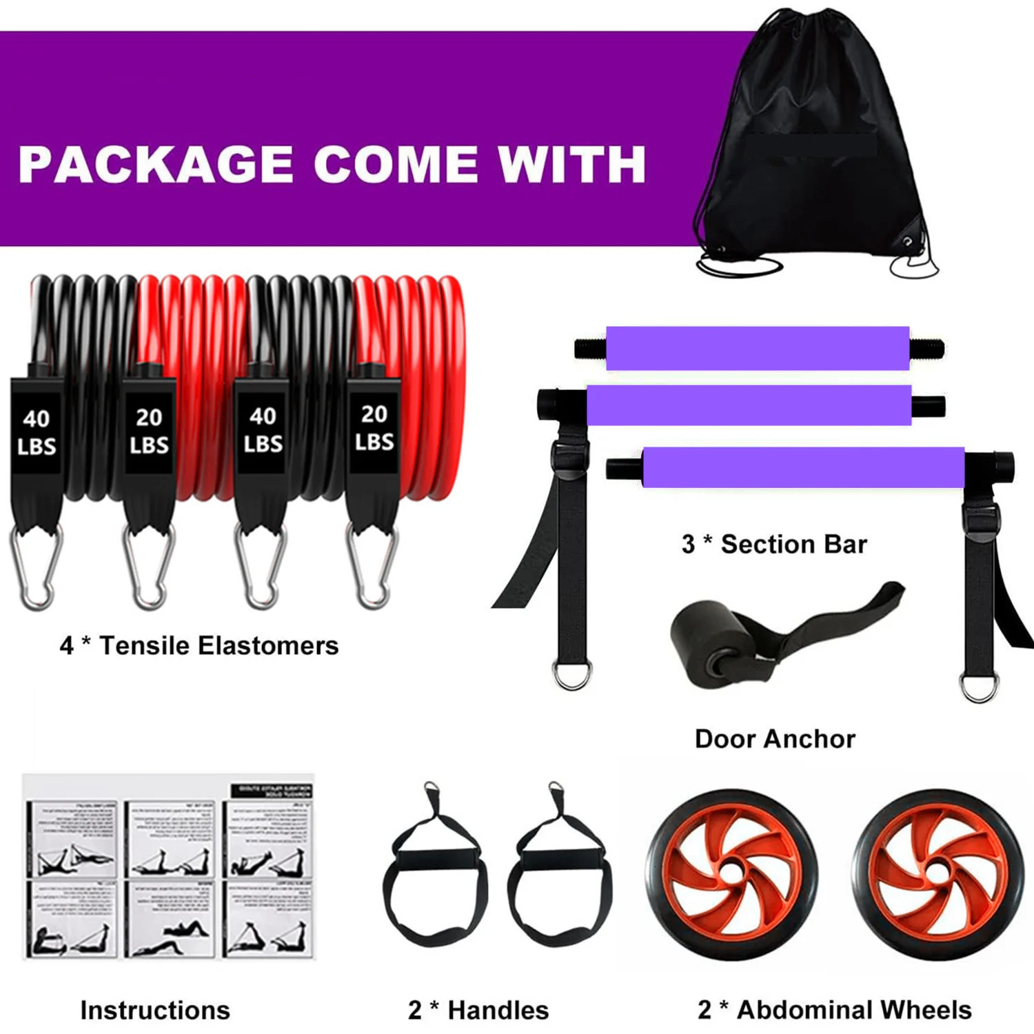 Fitness Pilates Bar Kit Resistance Bands with Ab Roller for Abs Workout Core Strength Training Equipment Portable Home Gym 241217