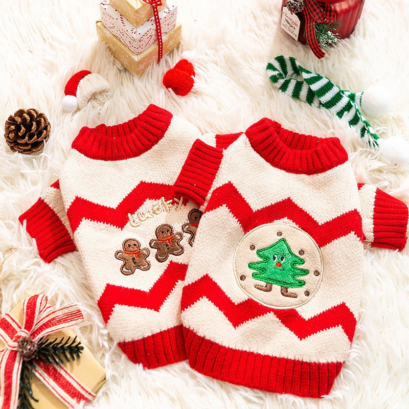 Autumn and Winter Dog Clothes Christmas Wave Jacquard Knitted Sweater Thickened Warm Small Dog Pet New Year Clothes