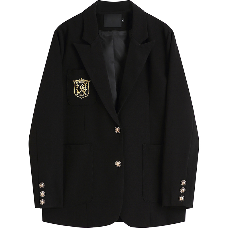 College Style Emblem Suit Coat Women's Spring Autumn Button Black Jacket 2023 New Casual Loose Slim Blazer Unisex Coats