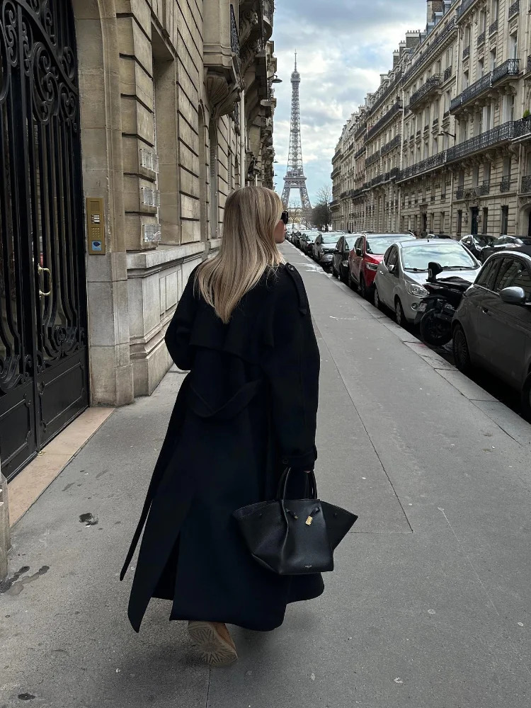 Elegant With Belt Black Long Coat For Women Oversize Woolen Double Button Lapel Overcoat Autumn Lady High Street Outerwear 241227