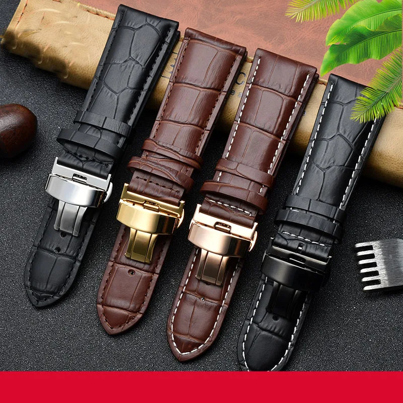 23mm 24mm 26mm 28mm wide black brown butterfly buckle mens alligator leather strap bracelet free delivery 241218