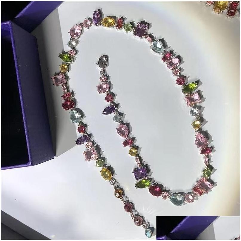 Pendant Necklaces Chains Sweetheart Candy Colored Crystal Cz Necklace Light High Grade Love Rainbow Collar Chain Bracelet For Ote2Y