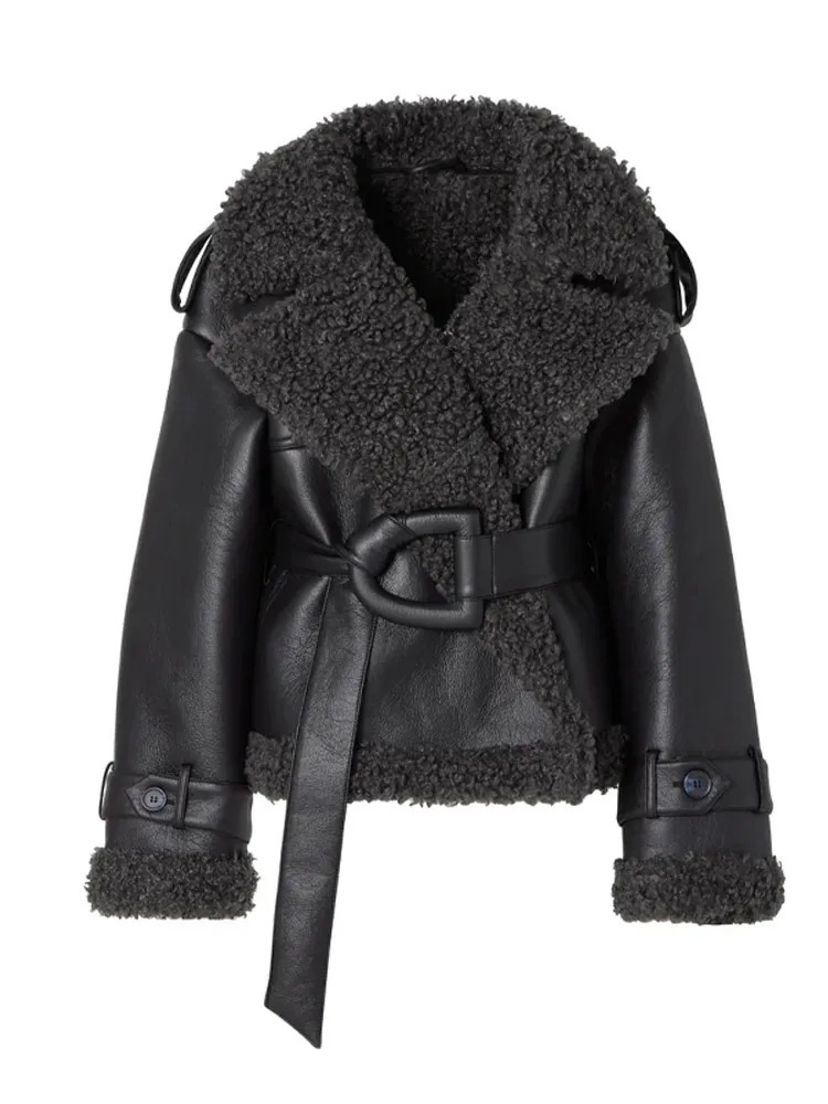 Women Fashion Lamb Wool Plush Splicing Short Coat Female Lapel Long Sleeve Pocket Thick Jacket Fall Winter Lady Warm Streetwear 241219