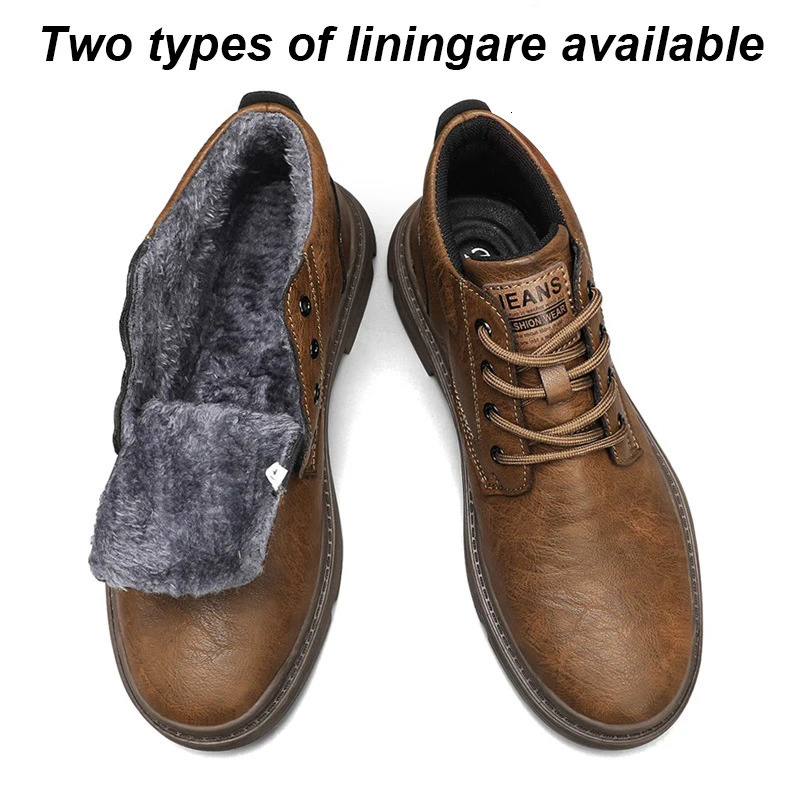 Winter Leather Men Boots With Fur Plus Size 38-46 Daily Fashion Ankle Boots Keep Warm Work Shoes For Men 241216