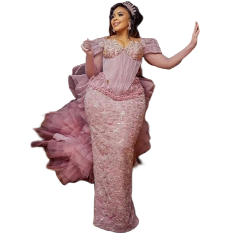 Modern Pink Sheath Lace Prom Dresses With Detachable Tiered Train Off Shoulder Pearls Beaded Evening Gowns 2025 Sweet Special Occasion Dress