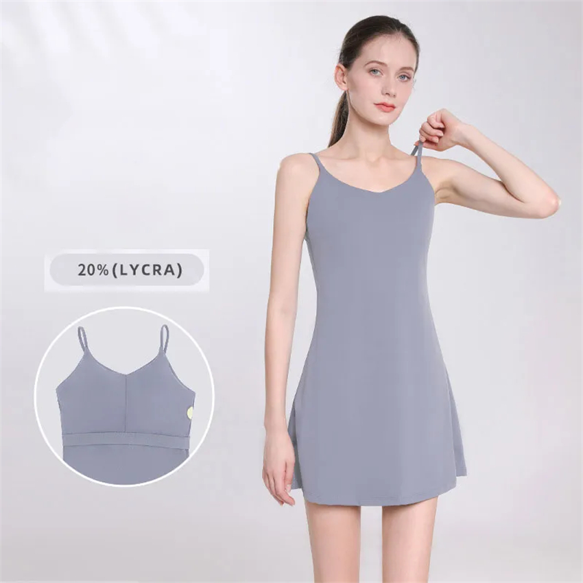 Yoga Thin Strap Dress Tennis Tank Top Dresses With Chest Pads High Elastic Slim Fit Sweat-Wicking Breathable Sports Skirts For Outdoor Leisure Trainin