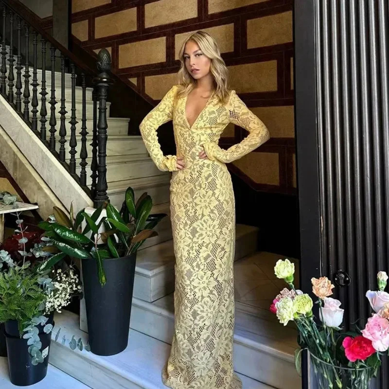 Sexy Lace Deep V Neck Slim Long Dress Women Yellow Elegant Long Sleeve Skinny Mermaid Dress Autumn Lady Party Evening Robes 241213