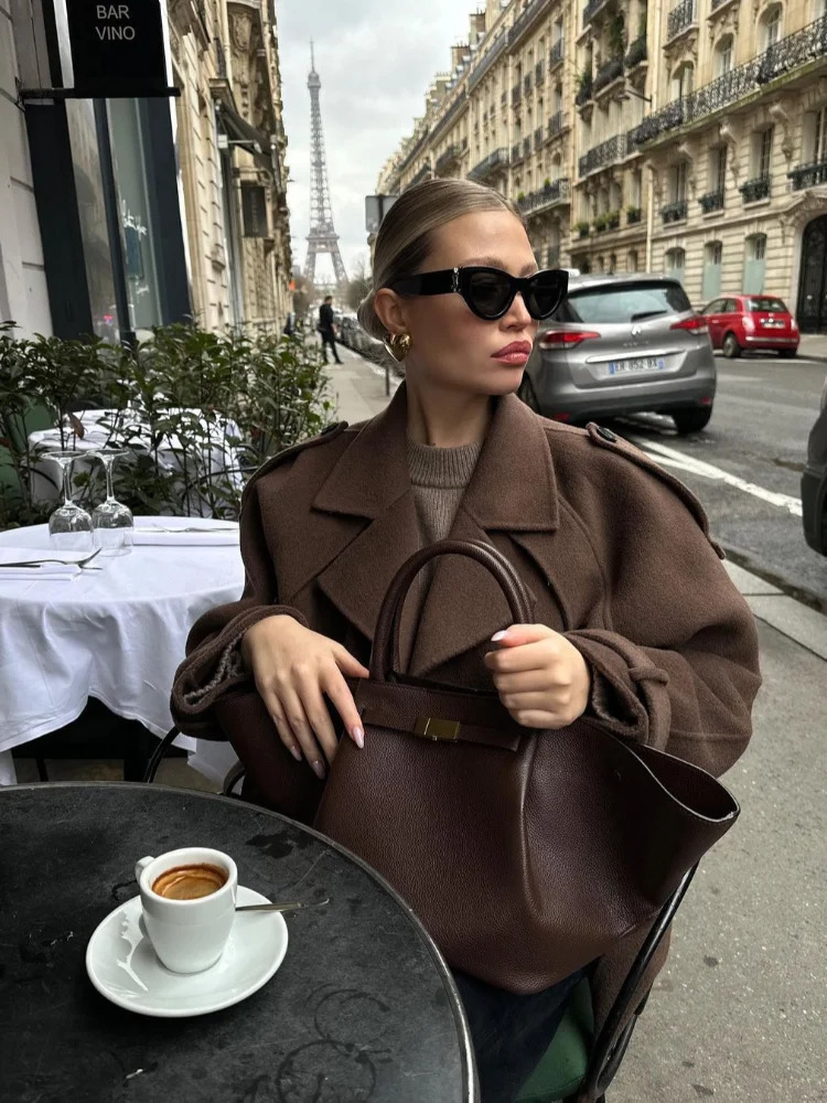 Double Breasted Long Sleeved Lapel Womens Woolen Coats Casual Solid Color Pocket Short Jacket Lady Commuting Autumn Streetwears 241218